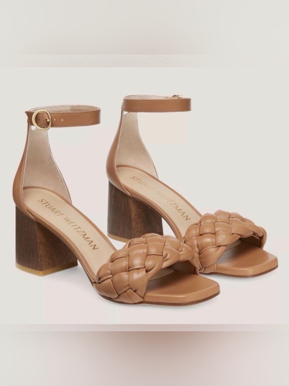 Stuart Weitzman Braida 75 Tan Leather Ankle-Strap Block Heels size 10